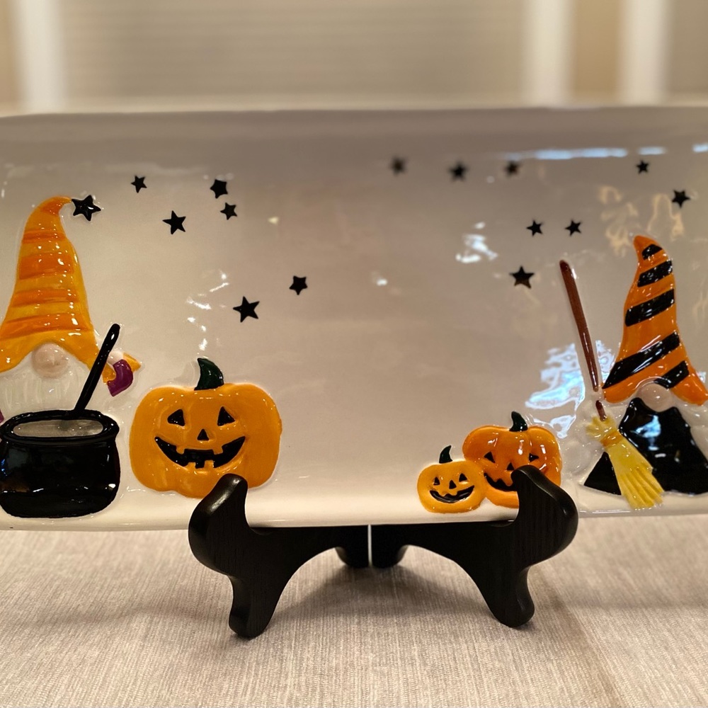 Halloween Gnome Platter, Witch Gnomes Jack-O-Lanterns Cauldrens Ceramic Platter - Picture 13 of 13